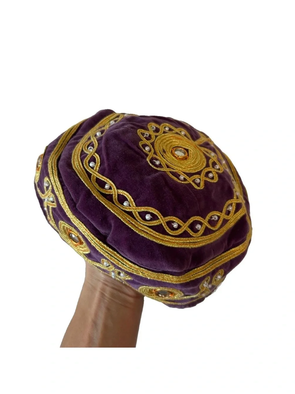 Vintage Velvet Embroidered Turkish Islamic Hat Kufi Gold Thread Mirror Bead